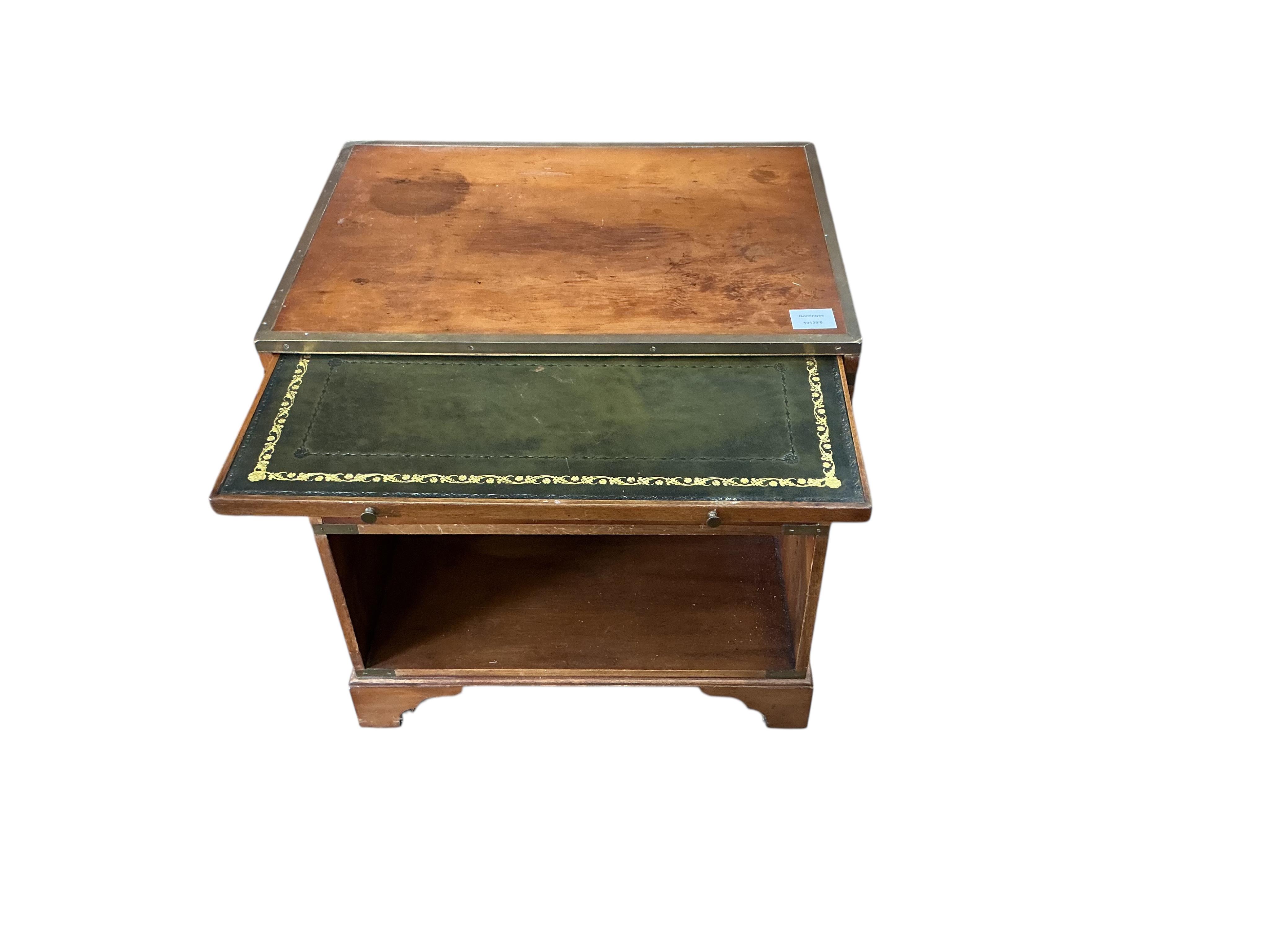 A reproduction brass mounted military style yew side cabinet, width 56cm, depth 40cm, height 60cm